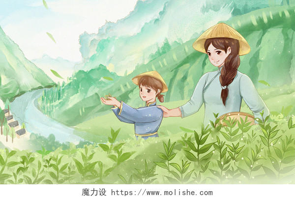 水彩风春天节气母女采茶手绘背景插画素材茶